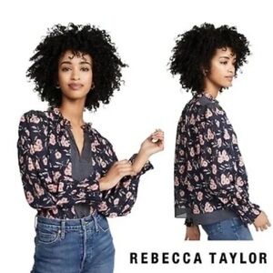 La Vie Rebecca Taylor Navy and Pink Floral Blouse
